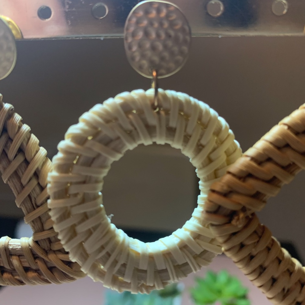 2/$20 Tan Woven Gold Statement Vacation Earrings - Picture 3 of 4